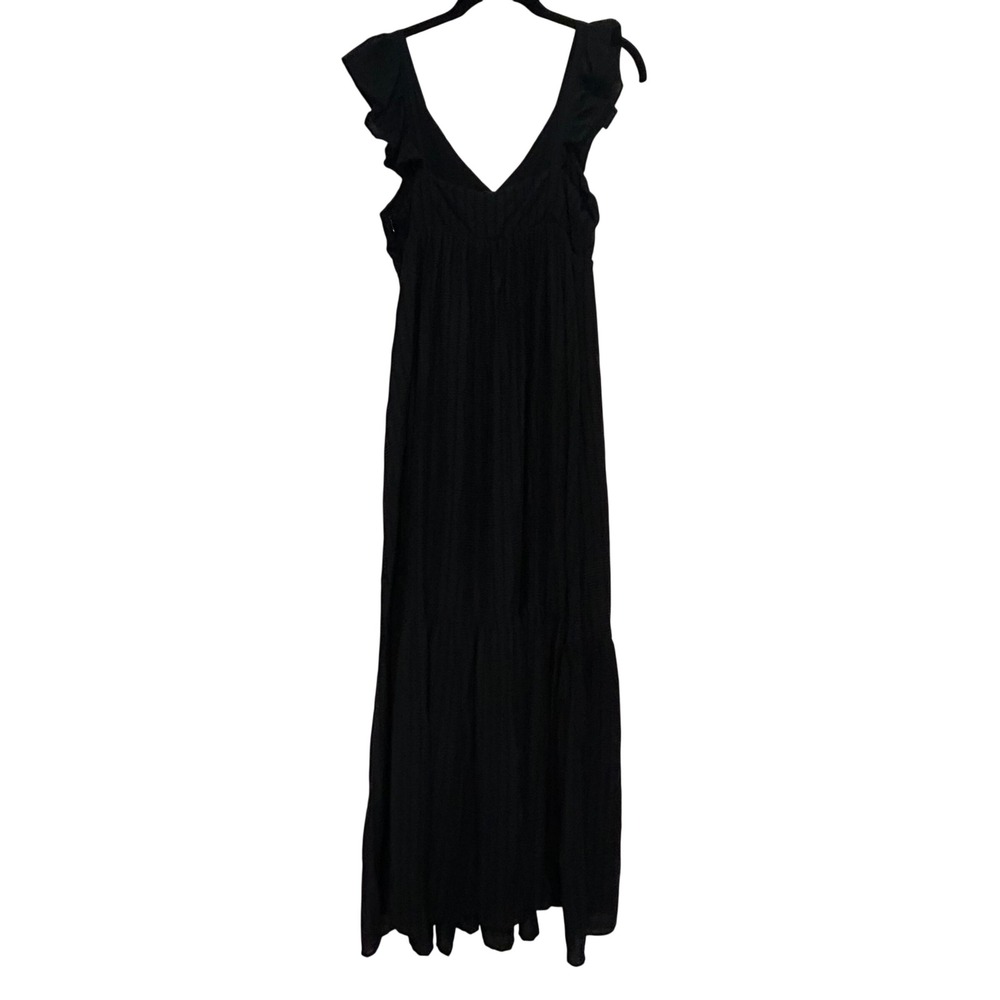 MNG Mango Womens Black Ruffle V-Neck Textured Stripe Tiered Maxi Dress Size 8